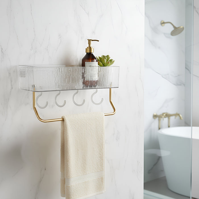 IBL AS-TH iBELL Waterproof No-Punch Shower Shelf Organizer with Hooks & Towel Rack | Bathroom Storage Rack for Shampoo & Shower Gel | Easy Installation Shower Caddy