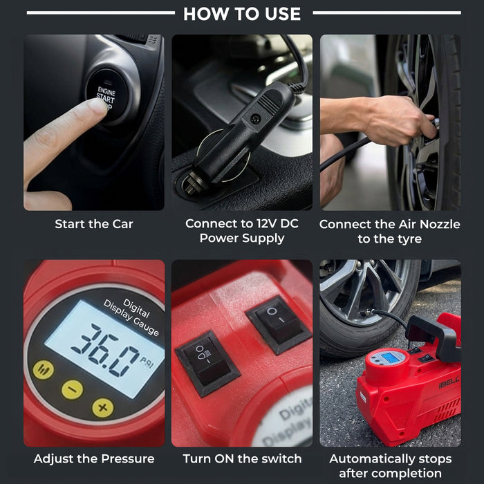 IBELL CA12-94 Digital Tyre Inflator/Air Compressor for car, 150W, Metal Cylinder, 35L/min, 12V DC, 150 PSI