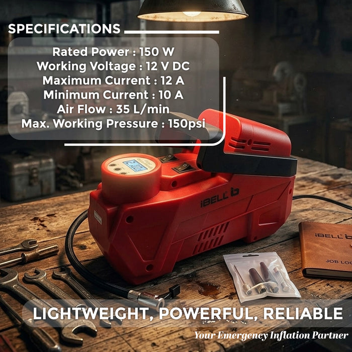 IBELL CA12-94 Digital Tyre Inflator/Air Compressor for car, 150W, Metal Cylinder, 35L/min, 12V DC, 150 PSI