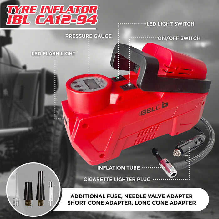 IBELL CA12-94 Digital Tyre Inflator/Air Compressor for car, 150W, Metal Cylinder, 35L/min, 12V DC, 150 PSI