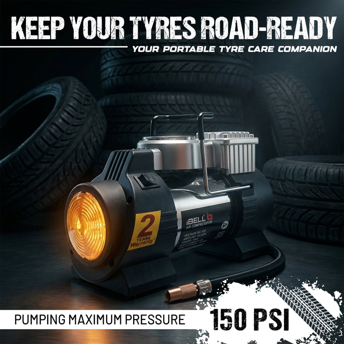 IBELL Tyre Inflator/ Air Compressor CA12-95, 180W, Copper Armature, Metal Cylinder, 40L/min, 12V DC, 150 PSI (Analogue ), 24 months Warranty