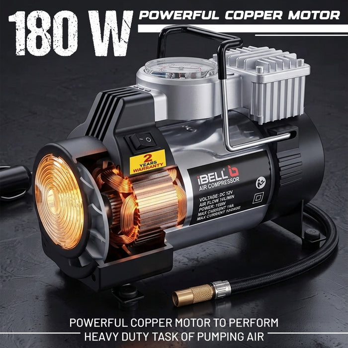 IBELL Tyre Inflator/ Air Compressor CA12-95, 180W, Copper Armature, Metal Cylinder, 40L/min, 12V DC, 150 PSI (Analogue ), 24 months Warranty