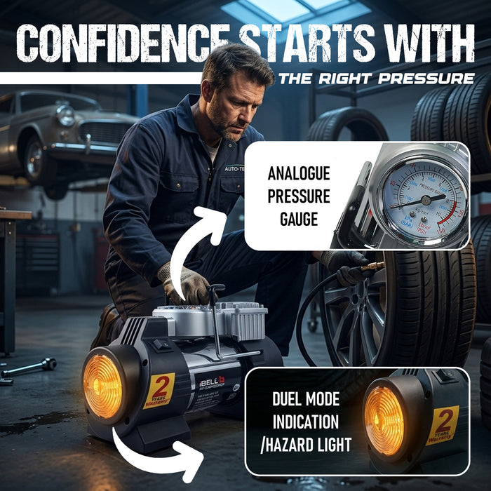 IBELL Tyre Inflator/ Air Compressor CA12-95, 180W, Copper Armature, Metal Cylinder, 40L/min, 12V DC, 150 PSI (Analogue ), 24 months Warranty