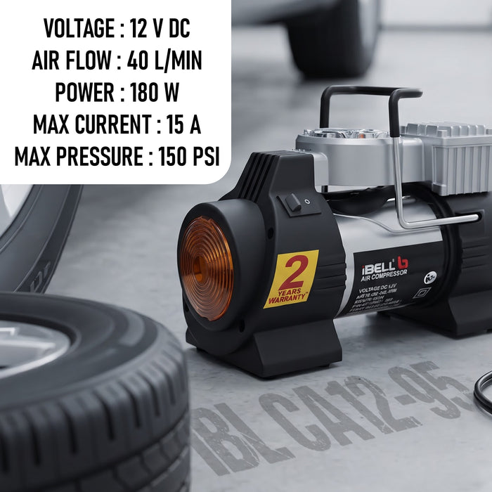 IBELL Tyre Inflator/ Air Compressor CA12-95, 180W, Copper Armature, Metal Cylinder, 40L/min, 12V DC, 150 PSI (Analogue ), 24 months Warranty