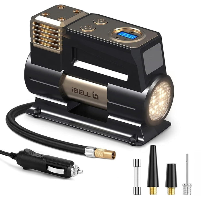 iBELL CA12-97 Air Compressor Tyre Inflator, Portable Air Pump for Car Tyres 12V DC Auto Tire Pump with Digital Pressure Gauge, 150PSI with Emergency LED Light for Car, Bicycle and Other Inflatables