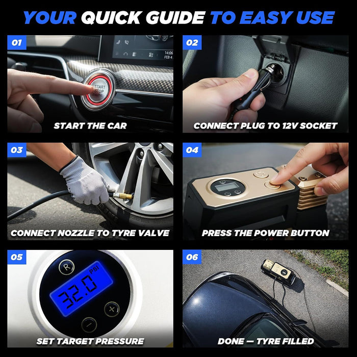 iBELL CA12-97 Air Compressor Tyre Inflator, Portable Air Pump for Car Tyres 12V DC Auto Tire Pump with Digital Pressure Gauge, 150PSI with Emergency LED Light for Car, Bicycle and Other Inflatables