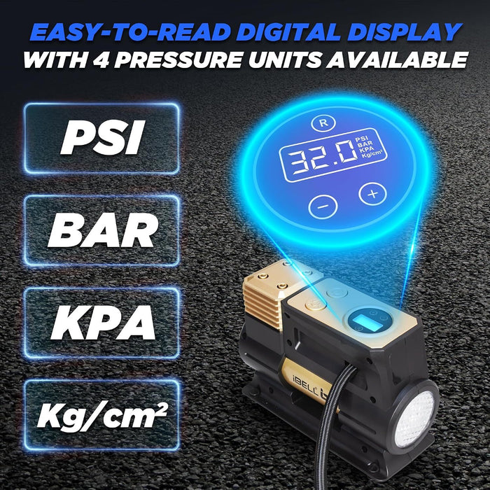 iBELL CA12-97 Air Compressor Tyre Inflator, Portable Air Pump for Car Tyres 12V DC Auto Tire Pump with Digital Pressure Gauge, 150PSI with Emergency LED Light for Car, Bicycle and Other Inflatables