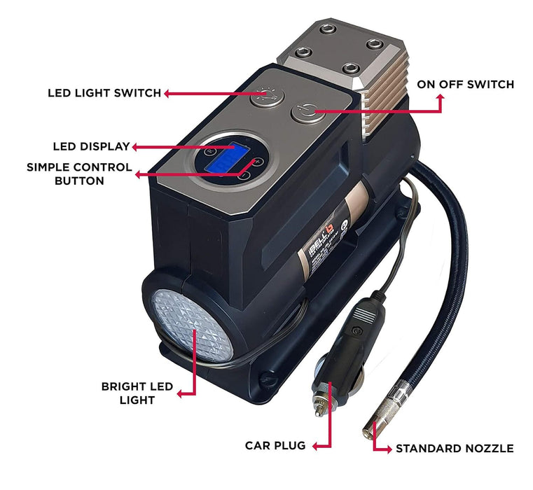 iBELL CA12-97 Air Compressor Tyre Inflator, Portable Air Pump for Car Tyres 12V DC Auto Tire Pump with Digital Pressure Gauge, 150PSI with Emergency LED Light for Car, Bicycle and Other Inflatables