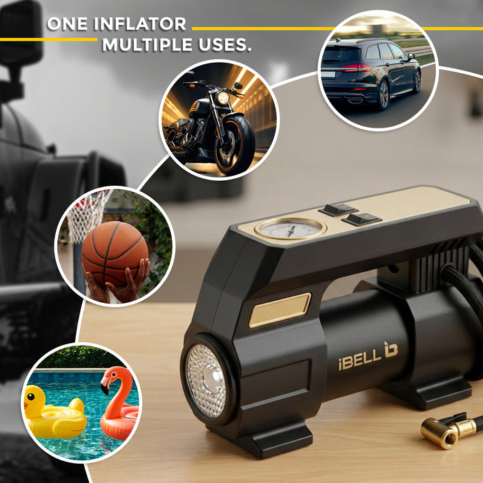 IBELL Car/Bike Tyre Inflator CA12-98, 12V DC, 120W, 12A, Air Flow 25L/min, 150 PSI with Emergency LED Flashlight