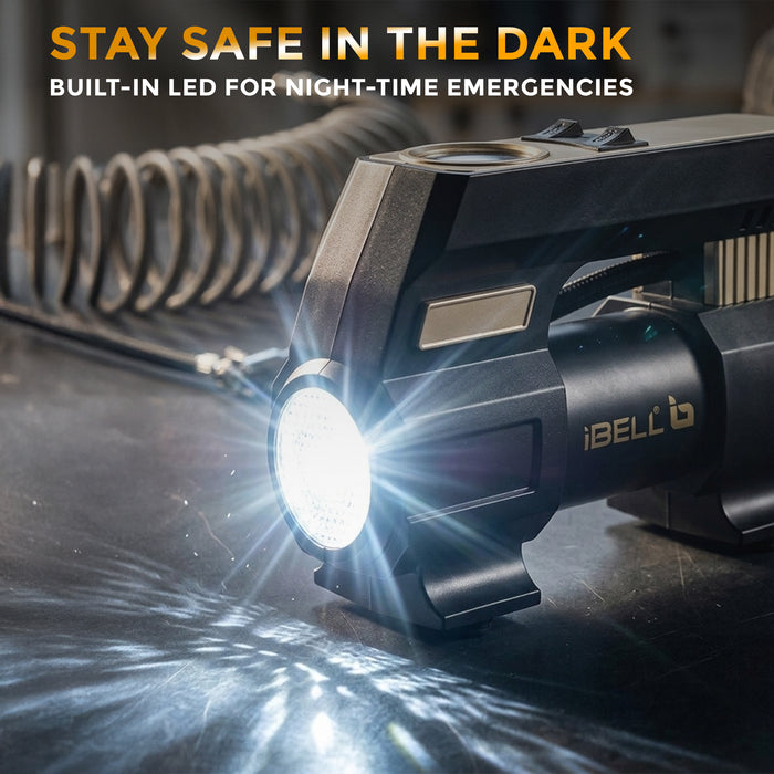 IBELL Car/Bike Tyre Inflator CA12-98, 12V DC, 120W, 12A, Air Flow 25L/min, 150 PSI with Emergency LED Flashlight