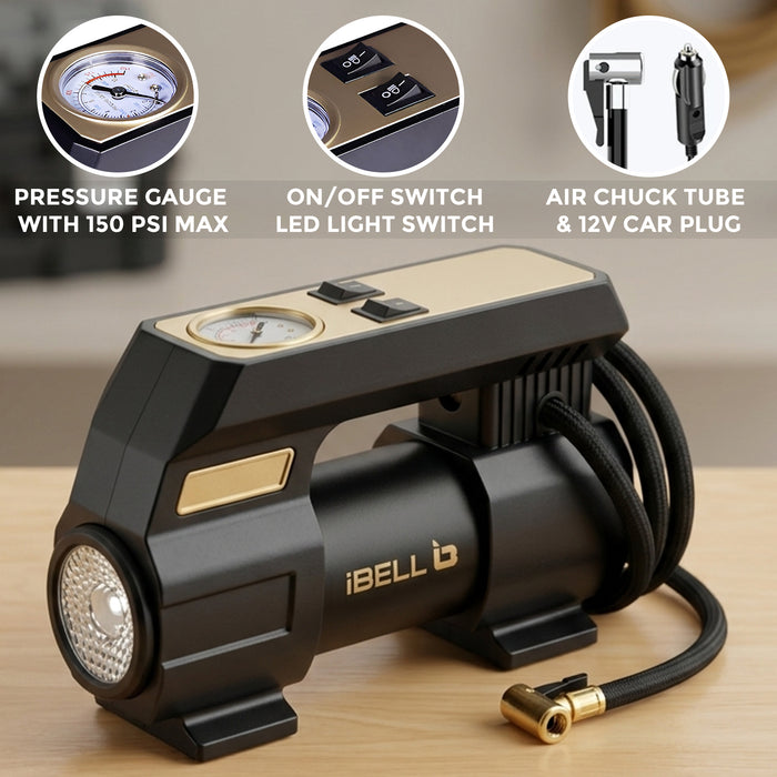 IBELL Car/Bike Tyre Inflator CA12-98, 12V DC, 120W, 12A, Air Flow 25L/min, 150 PSI with Emergency LED Flashlight