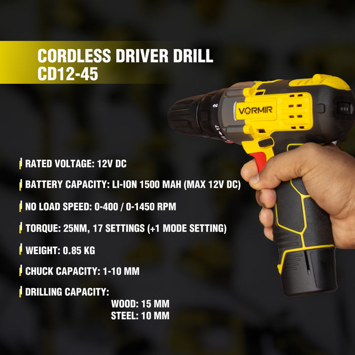 iBELL VORMIR VR CD12-45 Cordless Drill Driver, 12V, 0-400/0-1450 rpm, 25Nm Torque, 10 mm Chuck, 2 x 1500mAh Li-Ion Batteries, Fast Charger, 1 Hour Charging, 31 Accessories in BMC Box, Compact Design