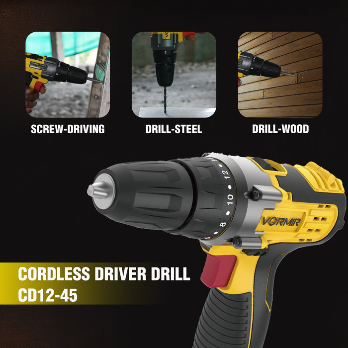 iBELL VORMIR VR CD12-45 Cordless Drill Driver, 12V, 0-400/0-1450 rpm, 25Nm Torque, 10 mm Chuck, 2 x 1500mAh Li-Ion Batteries, Fast Charger, 1 Hour Charging, 31 Accessories in BMC Box, Compact Design