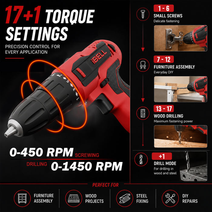 iBELL Cordless Drill Driver CD12-74, 12-Volts,1 Battery+BMC Box + Extra 32 Accessories