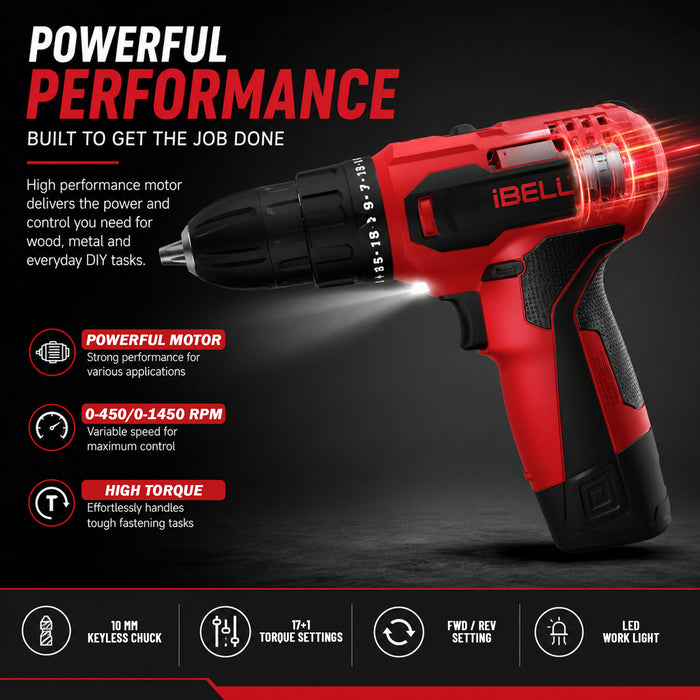iBELL Cordless Drill Driver CD12-74, 12-Volts,1 Battery+BMC Box + Extra 32 Accessories