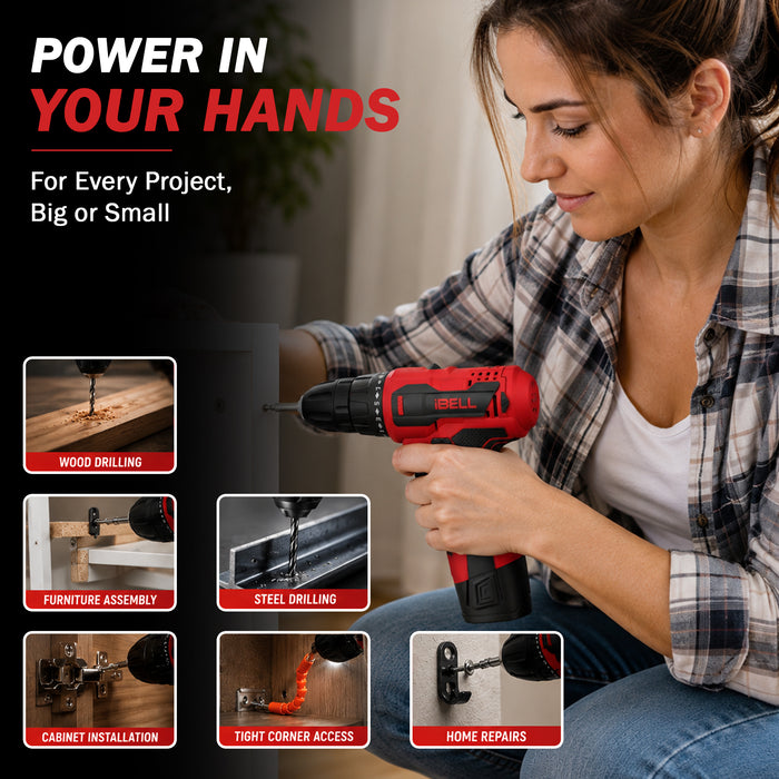 iBELL Cordless Drill Driver CD12-74, 12-Volts,1 Battery+BMC Box + Extra 32 Accessories