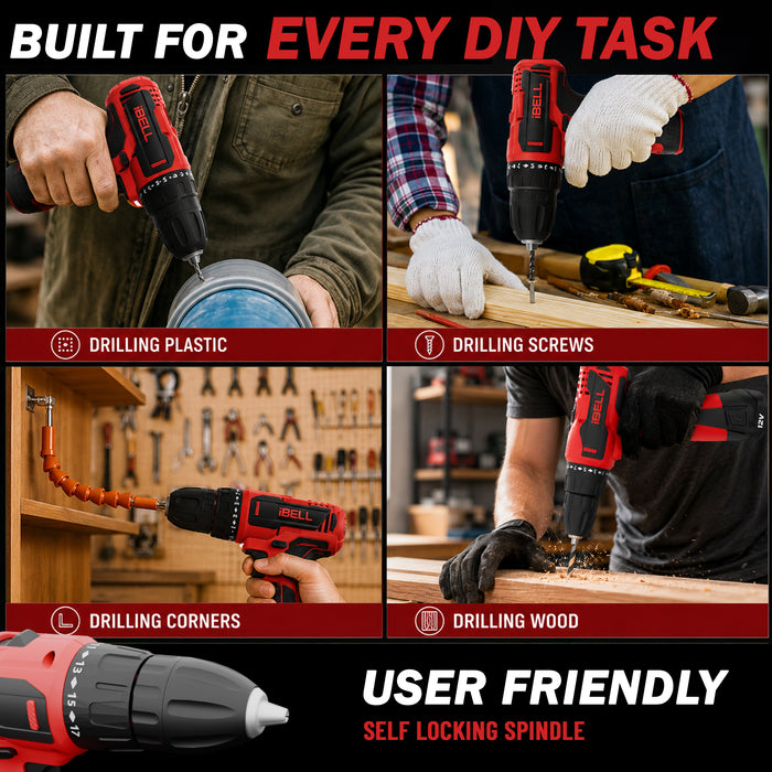 iBELL Cordless Drill Driver CD12-74, 12-Volts,1 Battery+BMC Box + Extra 32 Accessories