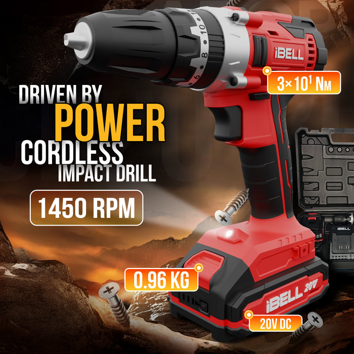 IBELL One Power Series Cordless Impact Drill CD20-30 20V 30Nm 1450RPM with Charger and 2Ah Battery  +BMC box
