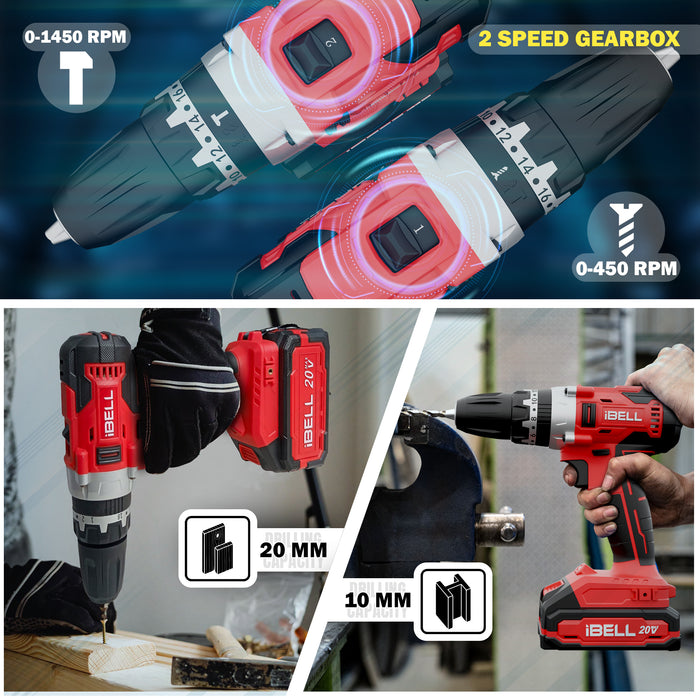 IBELL One Power Series Cordless Impact Drill CD20-30 20V 30Nm 1450RPM with Charger and 2Ah Battery  +BMC box