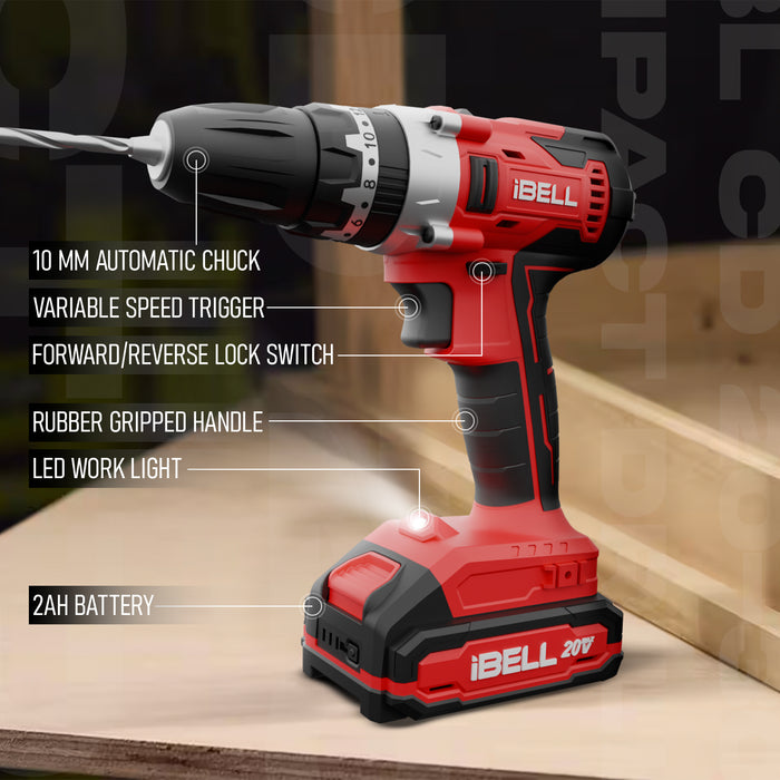 IBELL One Power Series Cordless Impact Drill CD20-30 20V 30Nm 1450RPM with Charger and 2Ah Battery  +BMC box