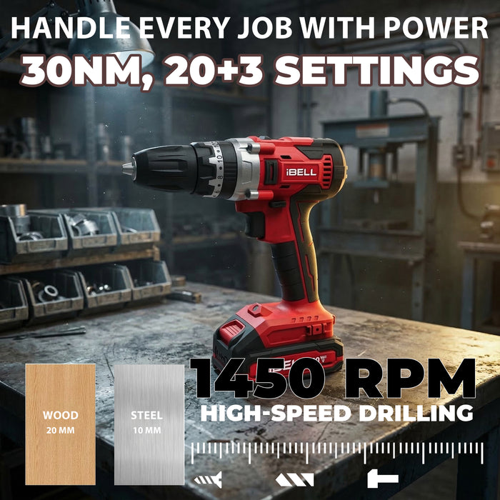 IBELL One Power Series Cordless Impact Drill CD20-30 20V 30Nm 1450RPM with Charger and 2Ah Battery  +BMC box