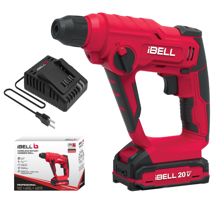 IBELL One Power Series Cordless Rotary Hammer Drill CH20-10 20V,2AH BATTERY, 900RPM, 0.3075 inches, 900 Watts - Red with 6 months warranty