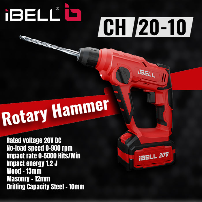 iBELL One Power Series Cordless Rotary Hammer Drill CH20-10 | 20V, 2.0Ah Li-ion Battery | 900RPM | 1.2J Impact Energy | 13mm Chuck | BMC Box Included