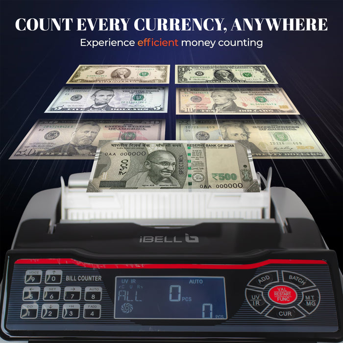 iBELL CM13-LA Money Counting Machine | High-Speed Note Counter 1000 Notes/Minute | UV, MG, IR, MT Fake Note Detection | Multi-Currency Cash Counter with LCD Display & External Screen | Batch & Add Function | 1-Year Warranty
