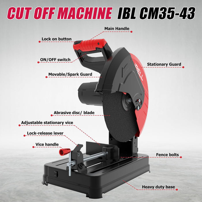 iBell CM35-43 High-Performance Cut-Off Saw/ Chop Saw Machine, 2400W, 4200 RPM, 14” Blade, Copper Armature, with Safety Lock and Side Handle, 1 year Warranty