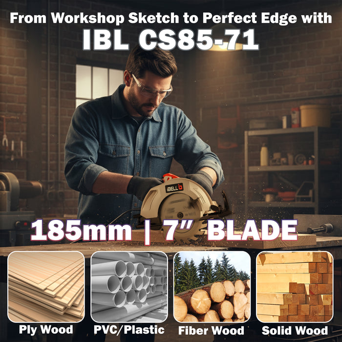 IBELL Circular Saw CS85-71, 1400W, Copper Armature, 4800 RPM, 185 mm, Cutting angle adjustment and precision cut, Corded Electric