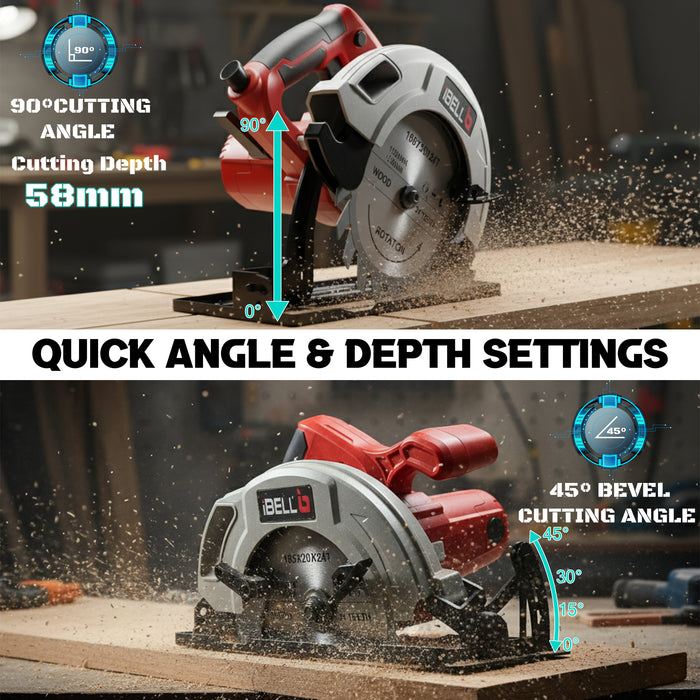 IBELL Circular Saw CS85-71, 1400W, Copper Armature, 4800 RPM, 185 mm, Cutting angle adjustment and precision cut, Corded Electric