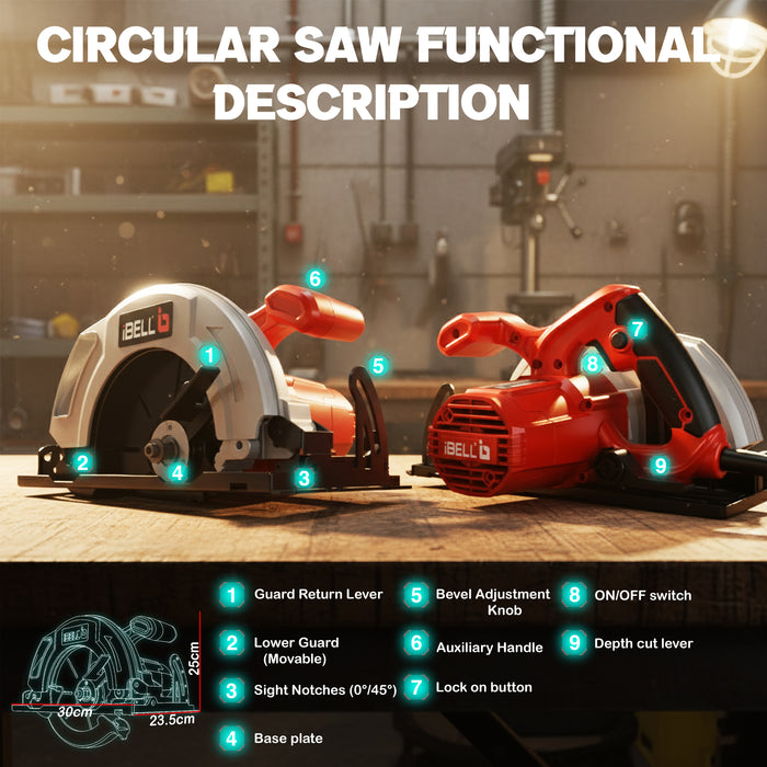 IBELL Circular Saw CS85-71, 1400W, Copper Armature, 4800 RPM, 185 mm, Cutting angle adjustment and precision cut, Corded Electric