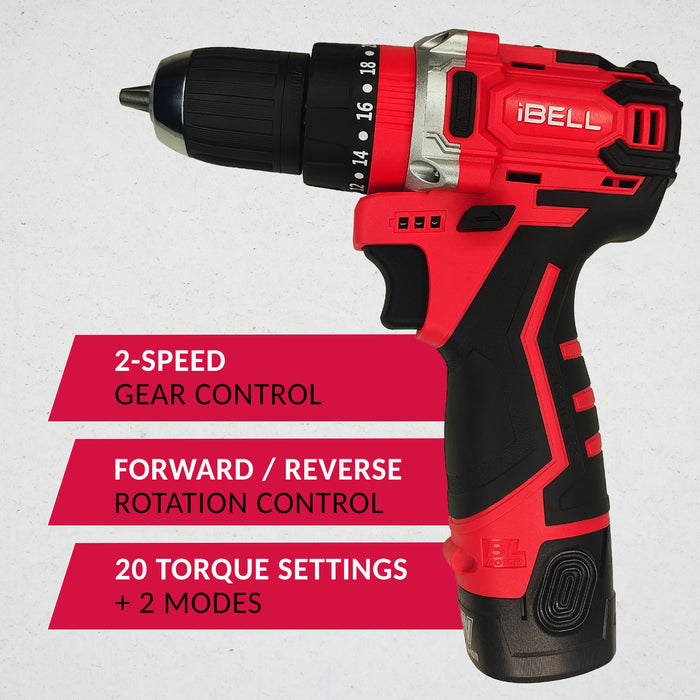 iBELL CT12-30 Cordless Impact Drill Tool Kit with 101 Home