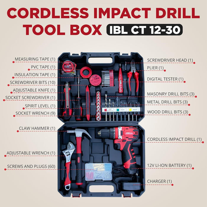 iBELL CT12-30 Cordless Impact Drill Tool Kit with 101 Home Essential Tools | 12V Li-ion Drill | 30Nm Torque | 2-Speed | 10mm Chuck | Compact Lightweight DIY Drill | 6 Months Warranty