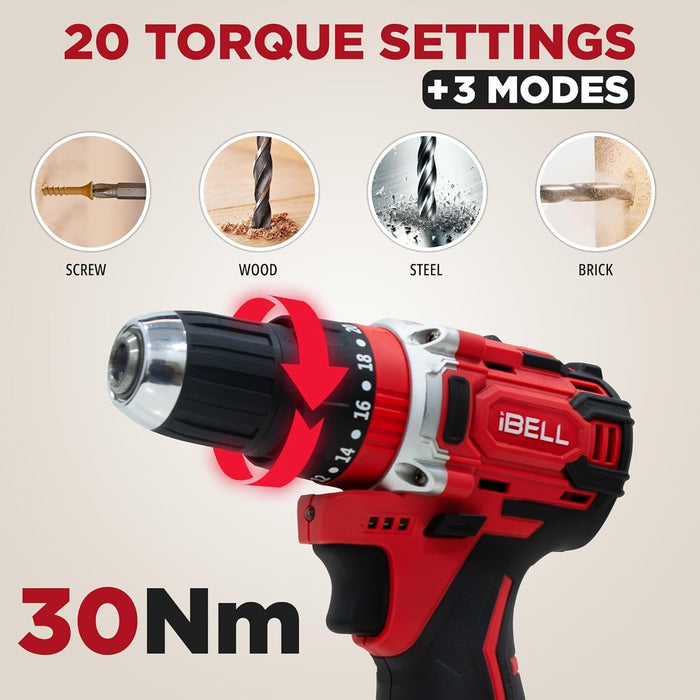 iBELL CT12-30 Cordless Impact Drill Tool Kit with 101 Home Essential Tools | 12V Li-ion Drill | 30Nm Torque | 2-Speed | 10mm Chuck | Compact Lightweight DIY Drill | 6 Months Warranty