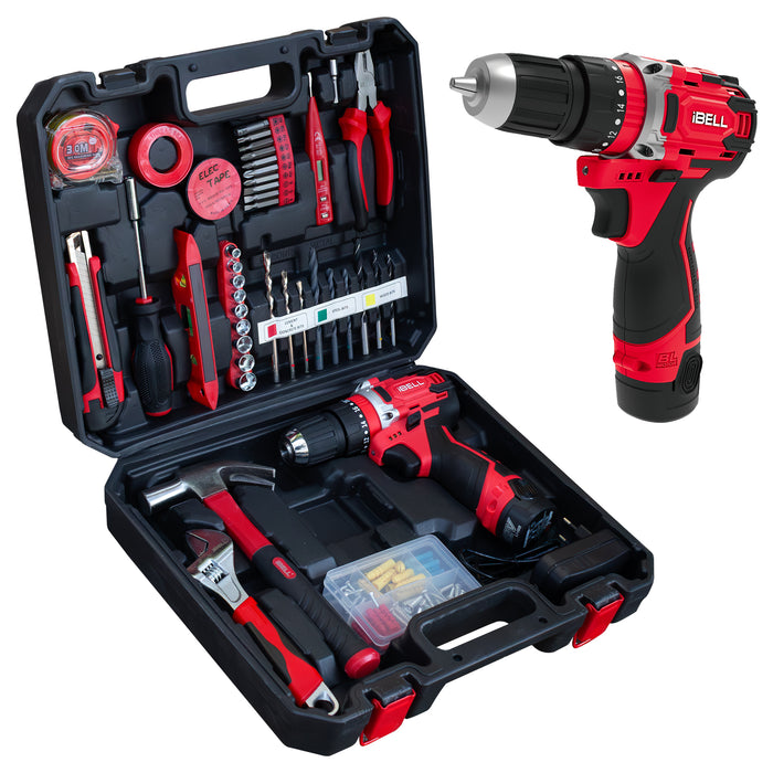 iBELL CT12-30 Cordless Impact Drill Tool Kit with 101 Home Essential Tools | 12V Li-ion Drill | 30Nm Torque | 2-Speed | 10mm Chuck | Compact Lightweight DIY Drill | 6 Months Warranty