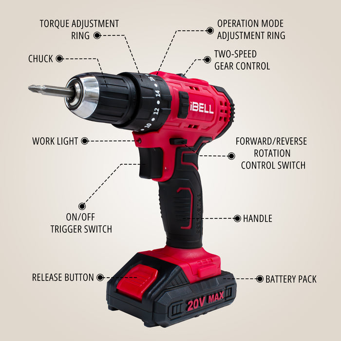 iBELL CT20-38 Cordless Impact Drill Tool Kit with 101 Home Tools | 20V Li-ion Drill | 38Nm Torque | 0–27,000 IPM | 2-Speed | 10mm Chuck | Compact & Lightweight | 6-Month Warranty
