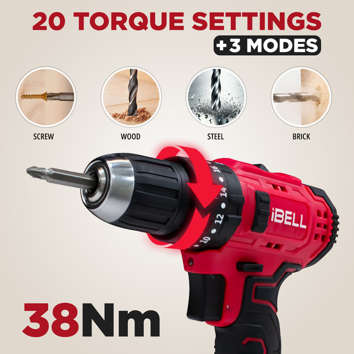 iBELL CT20-38 Cordless Impact Drill Tool Kit with 101 Home Tools | 20V Li-ion Drill | 38Nm Torque | 0–27,000 IPM | 2-Speed | 10mm Chuck | Compact & Lightweight | 6-Month Warranty