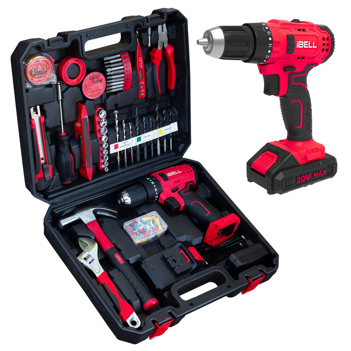 iBELL CT20-38 Cordless Impact Drill Tool Kit with 101 Home Tools | 20V Li-ion Drill | 38Nm Torque | 0–27,000 IPM | 2-Speed | 10mm Chuck | Compact & Lightweight | 6-Month Warranty
