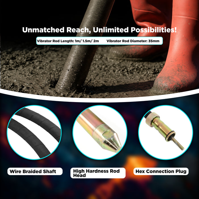 IBELL Concrete Vibrator CV50-81, 1050W, Copper Armature, 5000 RPM, 35mm, Vibration Freq 150Hz, Amplitude of Vibration 0.9m with 1.5m rod