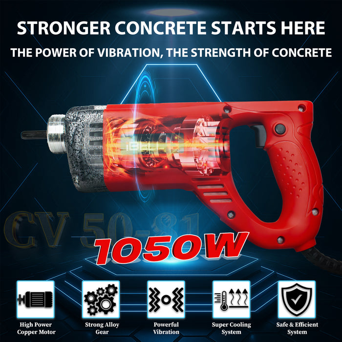 IBELL Concrete Vibrator CV50-81, 1050W, Copper Armature, 5000 RPM, 35mm, Vibration Freq 150Hz, Amplitude of Vibration 0.9m with 1.5m rod