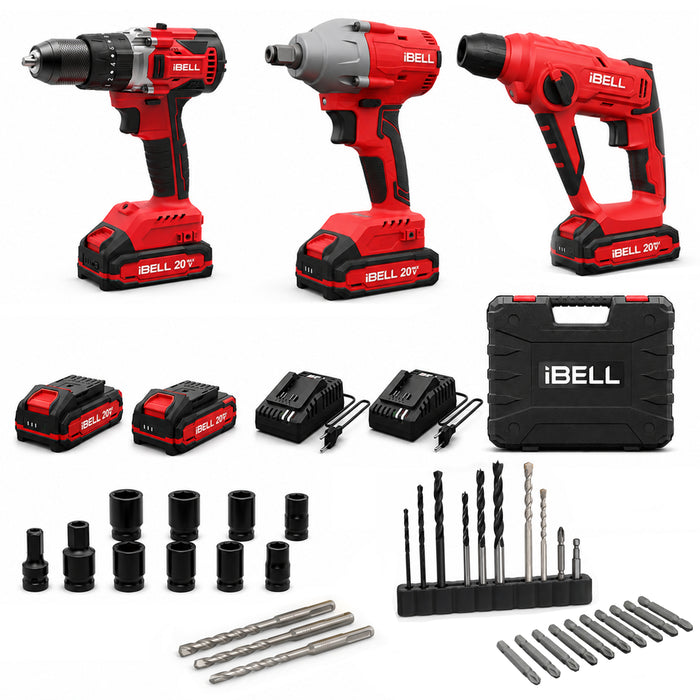 IBELL 20V Cordless Power Tool Combo Kit | 3-Tool Set with 80Nm Brushless Impact Drill, 320Nm Brushless Impact Wrench & 1.2J Rotary Hammer | 2 x 2.0Ah Batteries, 2 Fast Chargers & Carry Case