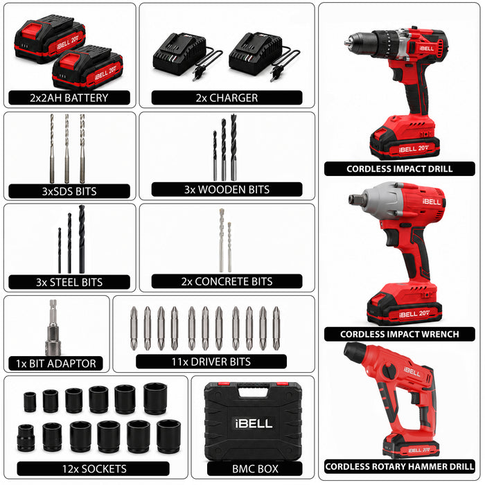 IBELL 20V Cordless Power Tool Combo Kit | 3-Tool Set with 80Nm Brushless Impact Drill, 320Nm Brushless Impact Wrench & 1.2J Rotary Hammer | 2 x 2.0Ah Batteries, 2 Fast Chargers & Carry Case