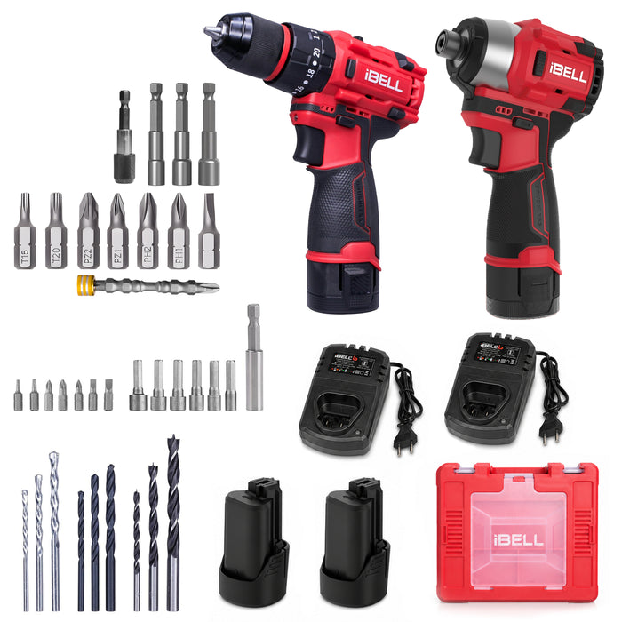 IBELL 12V Brushless Cordless Combo Kit | Impact Screwdriver 185Nm + 40Nm Impact Drill | 2 x 1500mAh Batteries, 2 Chargers & 2 Carry Cases | Professional Drill & Driver Set | 1 Year Warranty
