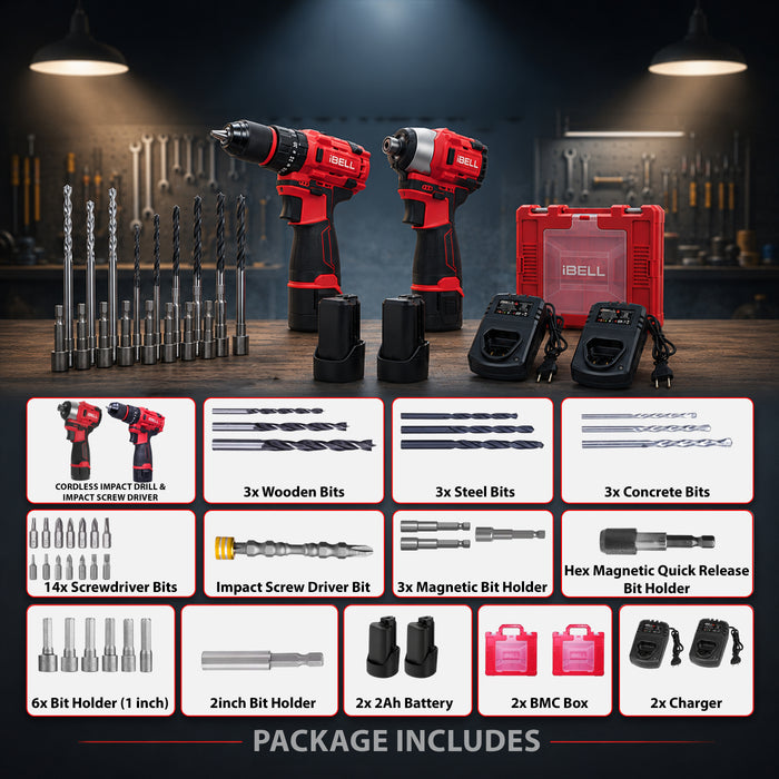 IBELL 12V Brushless Cordless Combo Kit | Impact Screwdriver 185Nm + 40Nm Impact Drill | 2 x 1500mAh Batteries, 2 Chargers & 2 Carry Cases | Professional Drill & Driver Set | 1 Year Warranty