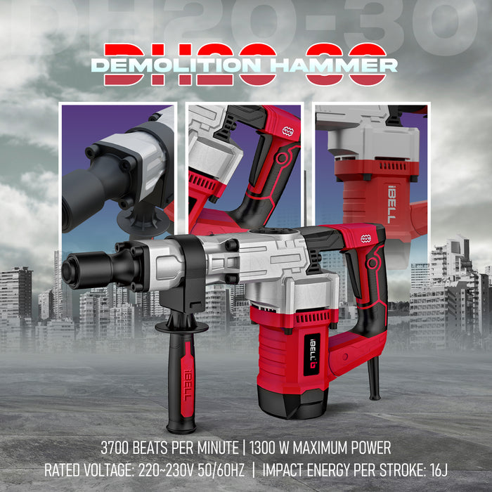 iBELL Demolition Hammer DH20-30, 6.2Kg, 1300W, Copper Armature, 3700 BPM, 16J Impact Energy, 17mm HEX Chuck, with Anti-Vibration Control Handle in red BMC box