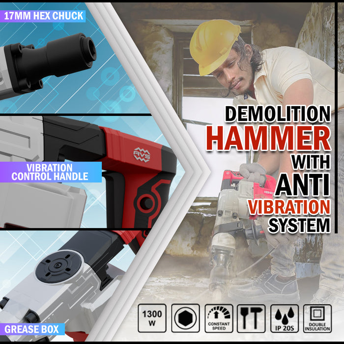 iBELL Demolition Hammer DH20-30, 6.2Kg, 1300W, Copper Armature, 3700 BPM, 16J Impact Energy, 17mm HEX Chuck, with Anti-Vibration Control Handle in red BMC box