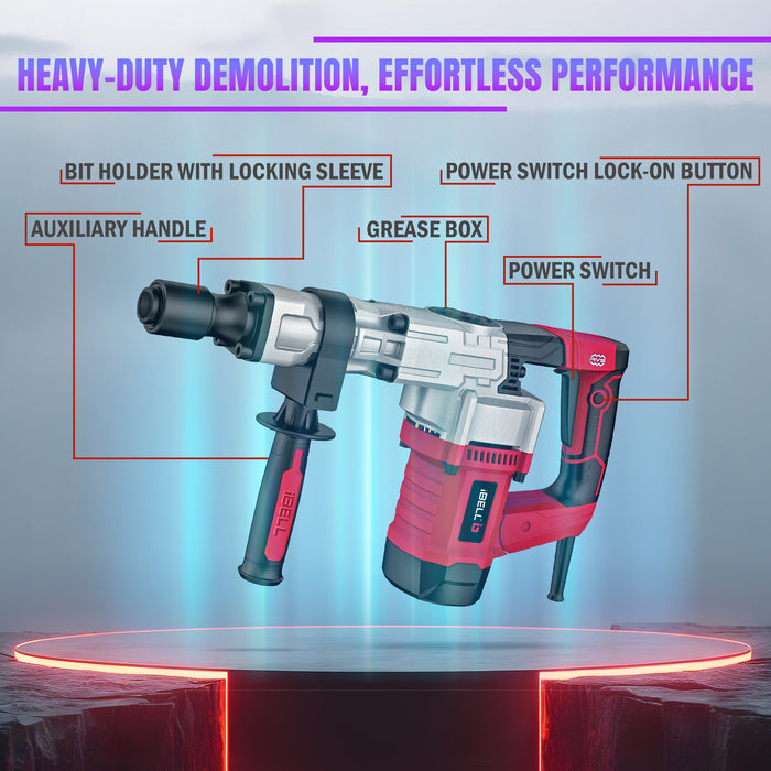 iBELL Demolition Hammer DH20-30, 6.2Kg, 1300W, Copper Armature, 3700 BPM, 16J Impact Energy, 17mm HEX Chuck, with Anti-Vibration Control Handle in red BMC box