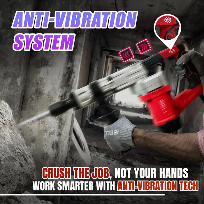iBELL Demolition Hammer DH20-30, 6.2Kg, 1300W, Copper Armature, 3700 BPM, 16J Impact Energy, 17mm HEX Chuck, with Anti-Vibration Control Handle in red BMC box