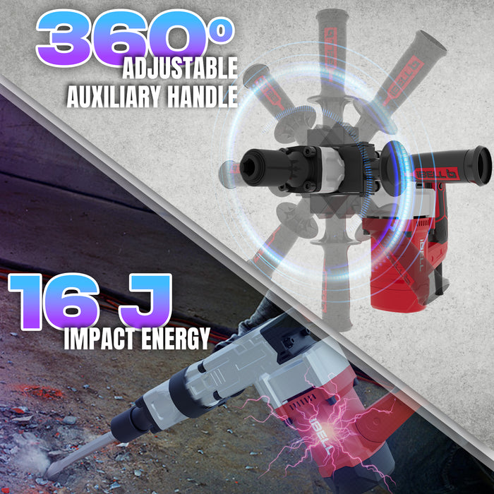 iBELL Demolition Hammer DH20-30, 6.2Kg, 1300W, Copper Armature, 3700 BPM, 16J Impact Energy, 17mm HEX Chuck, with Anti-Vibration Control Handle in red BMC box